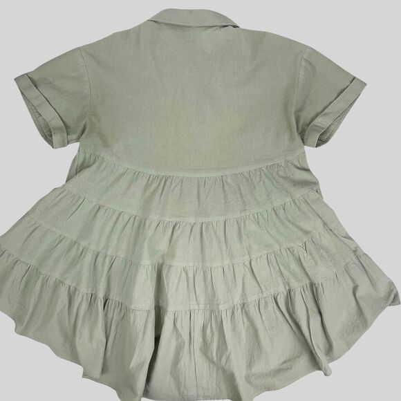 Newbury Kustom Sage Green Babydoll Lagenlook SS Button Top Tiered Ruffle Flowy S - Picture 6 of 8